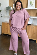 Double Take Full Size Texture Short Sleeve Top and Pants Set - Desert Sunday