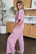 Double Take Full Size Texture Short Sleeve Top and Pants Set - Desert Sunday