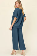 Double Take Full Size Texture Short Sleeve Top and Pants Set - Desert Sunday