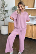 Double Take Full Size Texture Short Sleeve Top and Pants Set - Desert Sunday