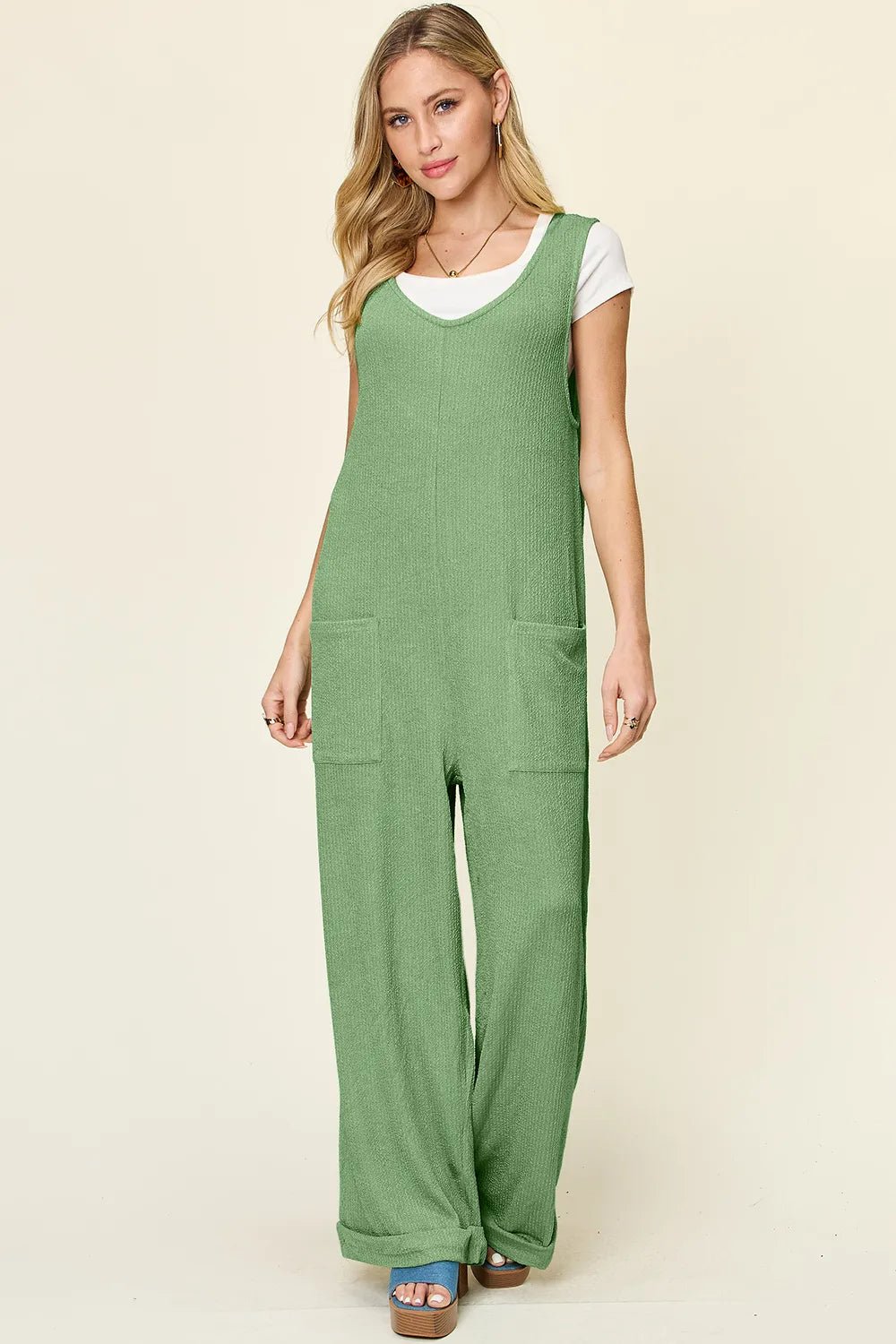 Double Take Full Size Texture Sleeveless Wide Leg Jumpsuit - Desert Sunday