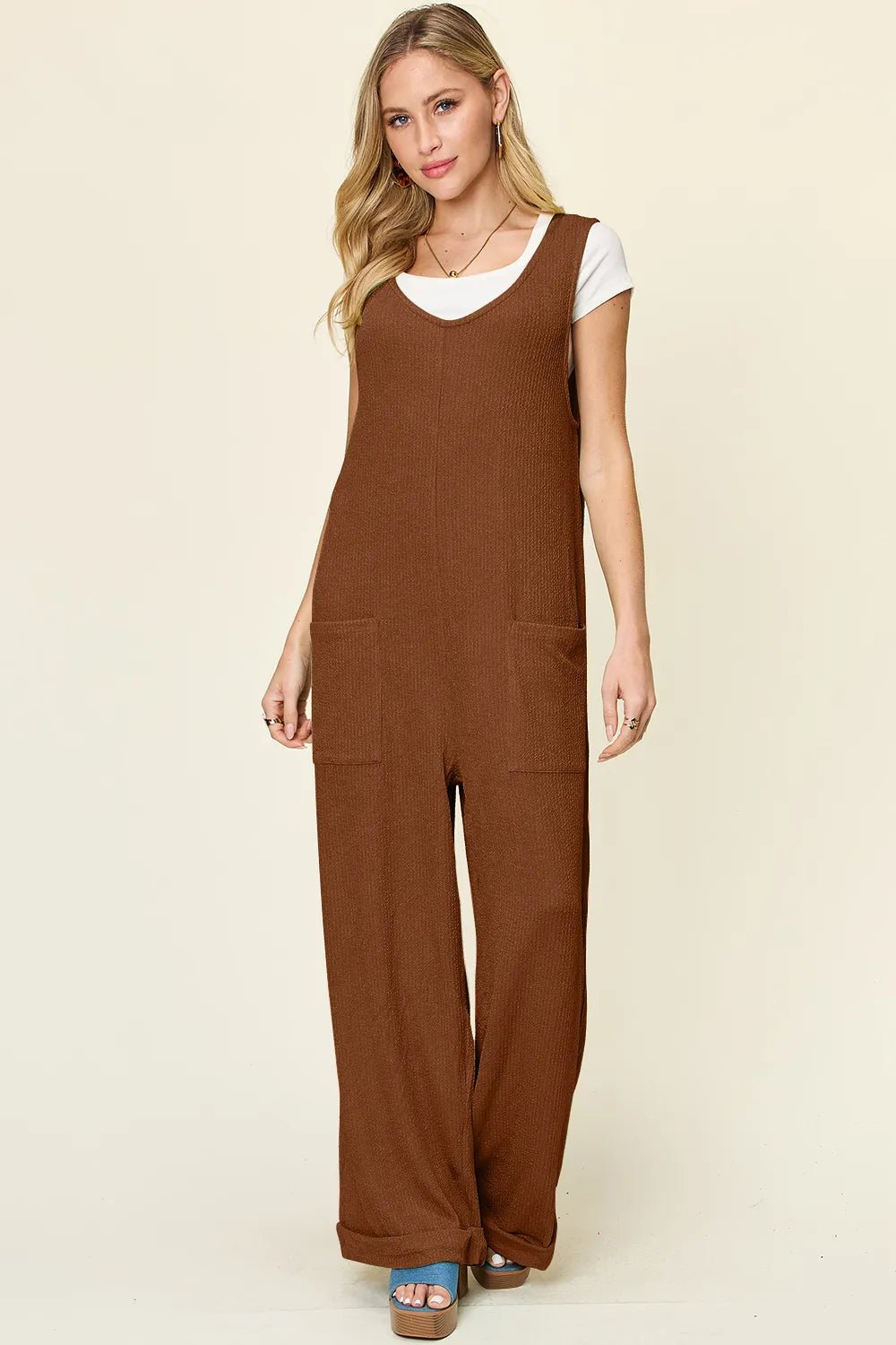 Double Take Full Size Texture Sleeveless Wide Leg Jumpsuit - Desert Sunday