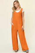 Double Take Full Size Texture Sleeveless Wide Leg Jumpsuit - Desert Sunday
