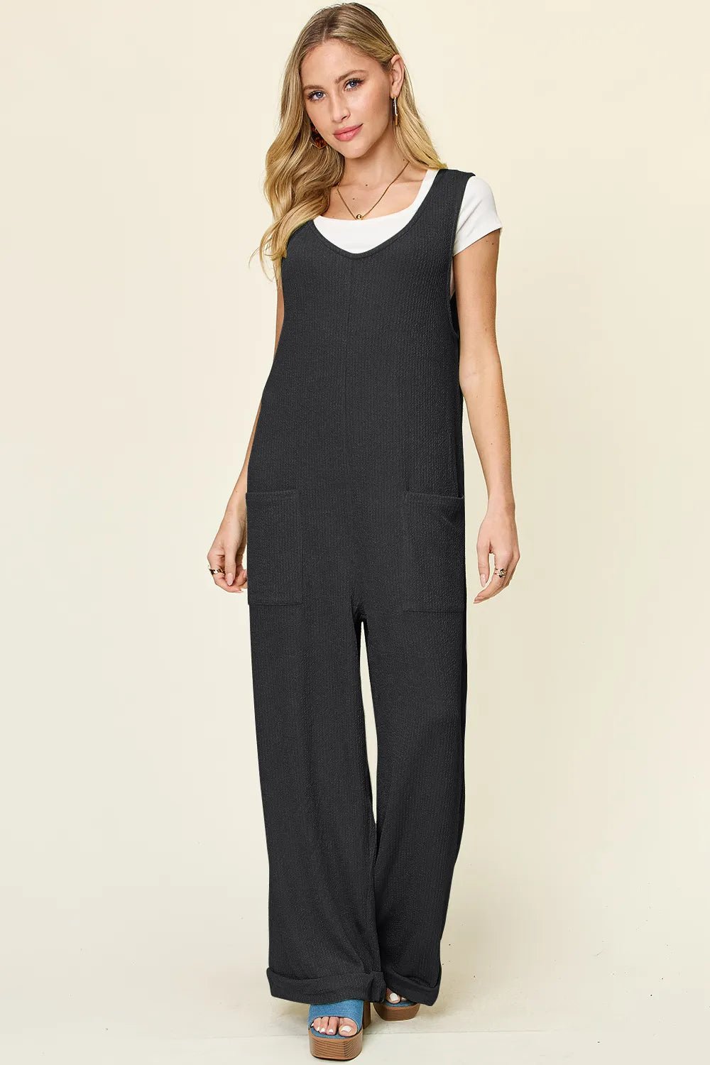 Double Take Full Size Texture Sleeveless Wide Leg Jumpsuit - Desert Sunday