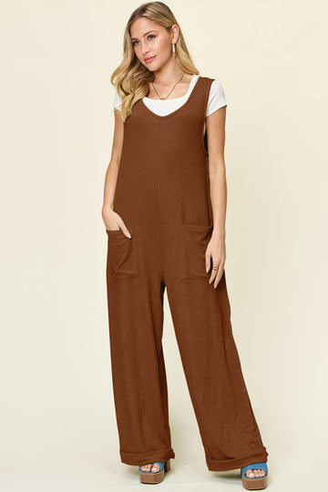 Double Take Full Size Texture Sleeveless Wide Leg Jumpsuit - Desert Sunday