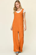 Double Take Full Size Texture Sleeveless Wide Leg Jumpsuit - Desert Sunday