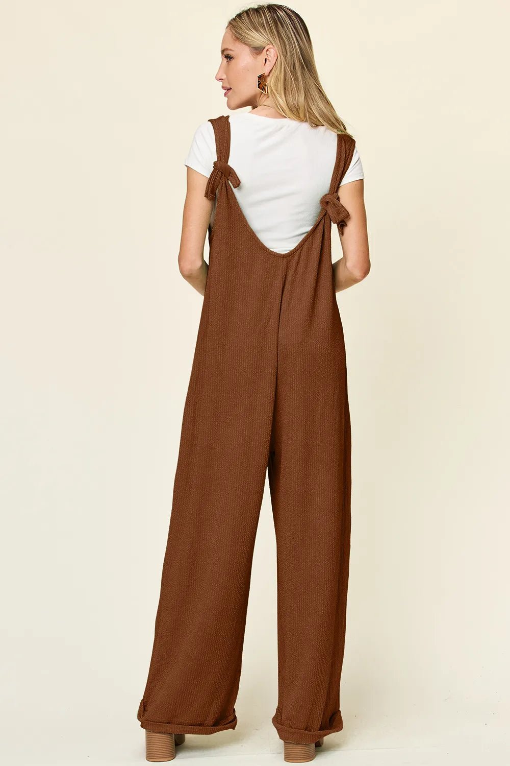 Double Take Full Size Texture Sleeveless Wide Leg Jumpsuit - Desert Sunday