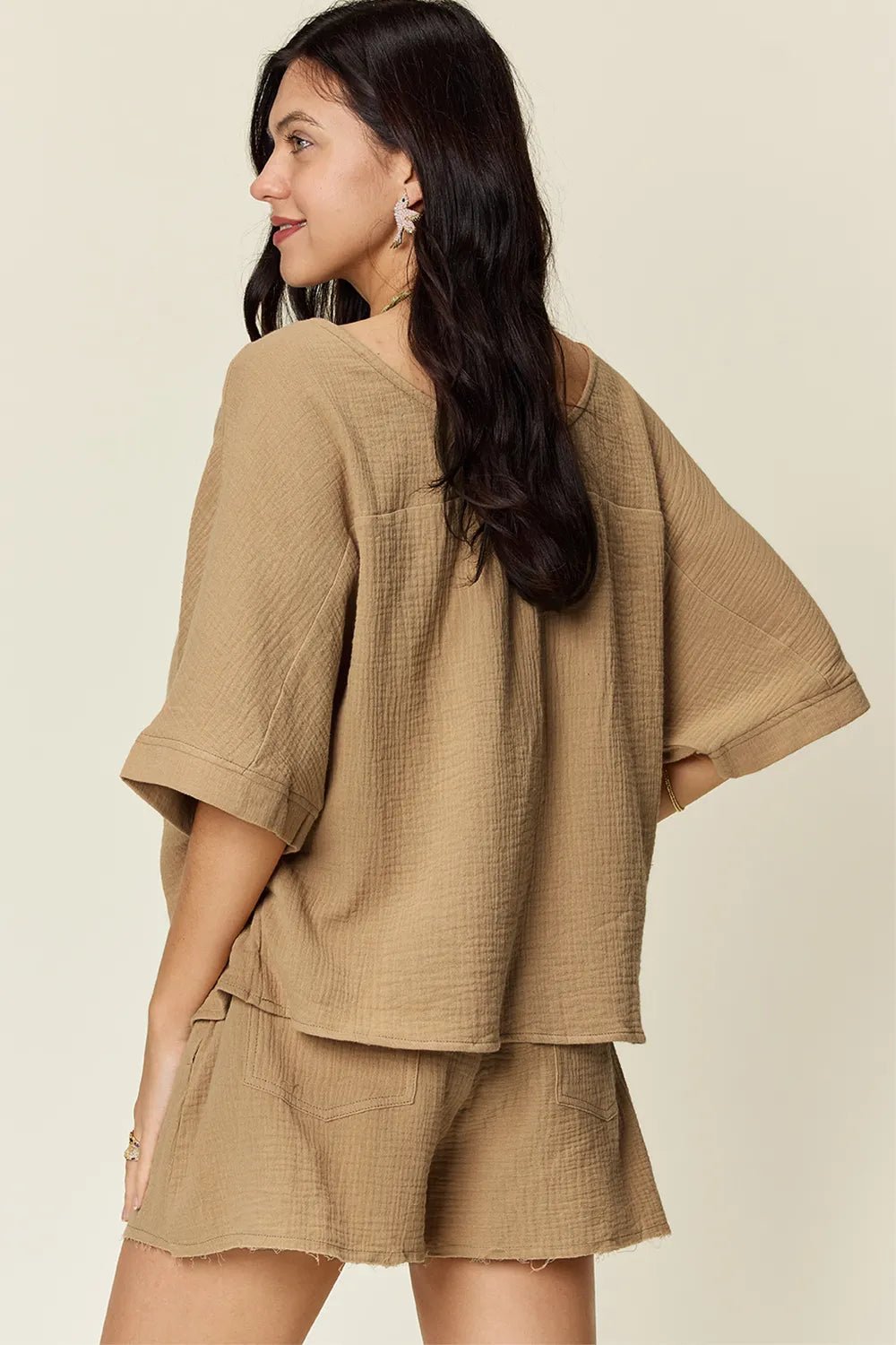 Double Take Texture Half Sleeve T-Shirt and Drawstring Shorts Set - Desert Sunday