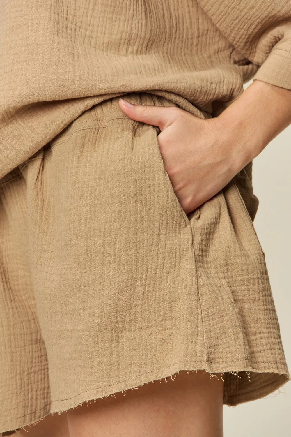 Double Take Texture Half Sleeve T-Shirt and Drawstring Shorts Set - Desert Sunday
