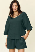 Double Take Texture Half Sleeve T-Shirt and Drawstring Shorts Set - Desert Sunday