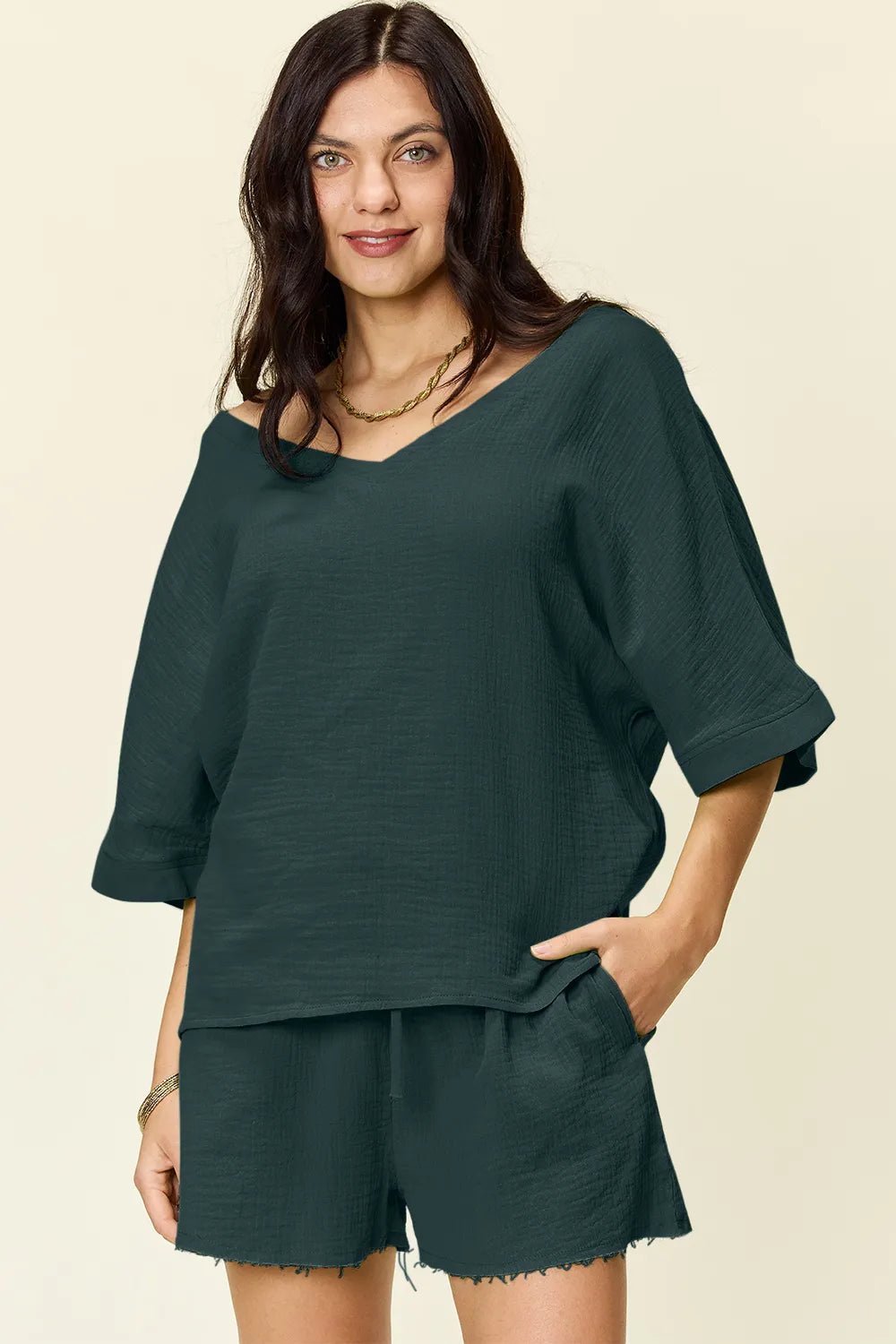 Double Take Texture Half Sleeve T-Shirt and Drawstring Shorts Set - Desert Sunday