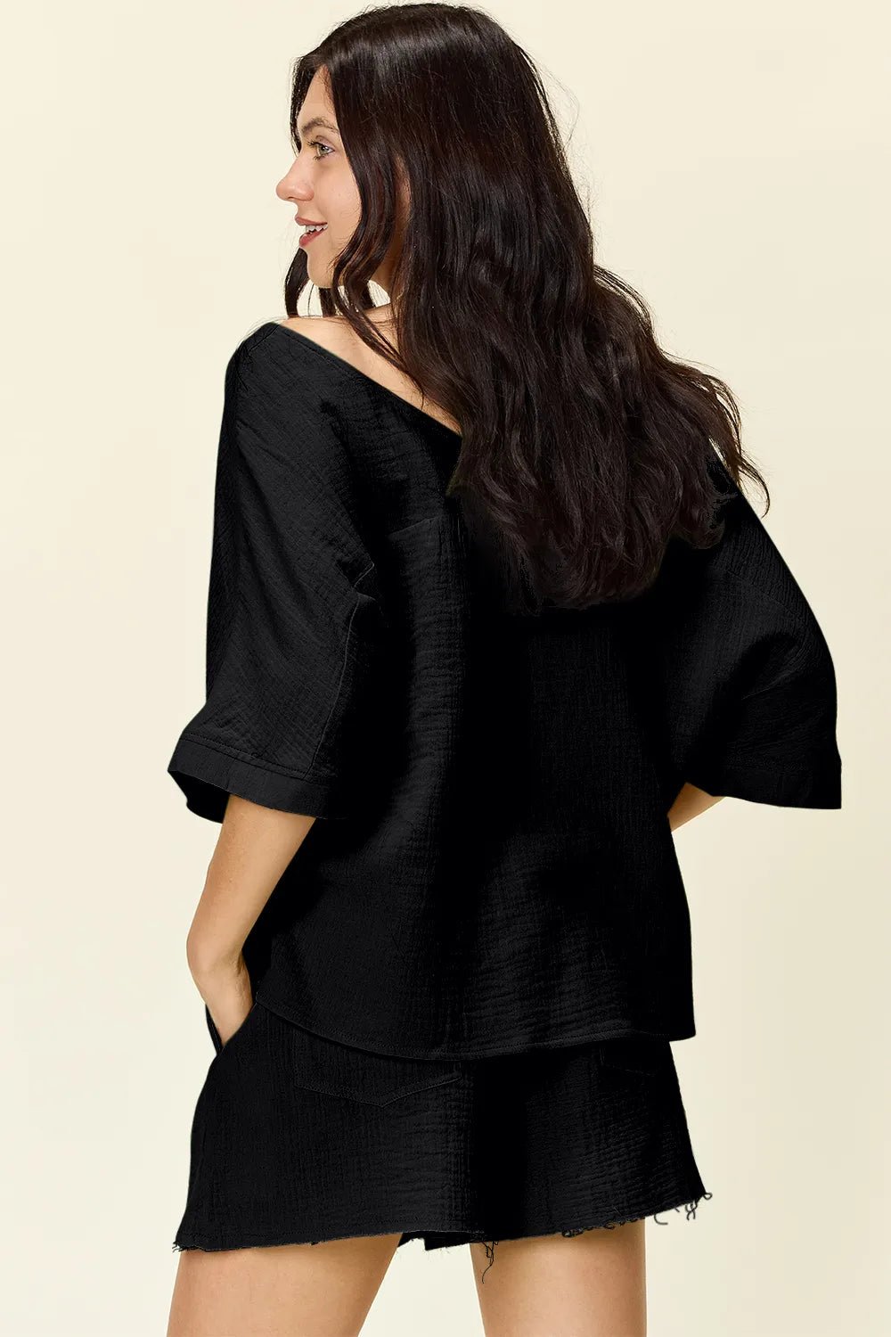 Double Take Texture Half Sleeve T-Shirt and Drawstring Shorts Set - Desert Sunday