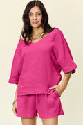Double Take Texture Half Sleeve T-Shirt and Drawstring Shorts Set - Desert Sunday