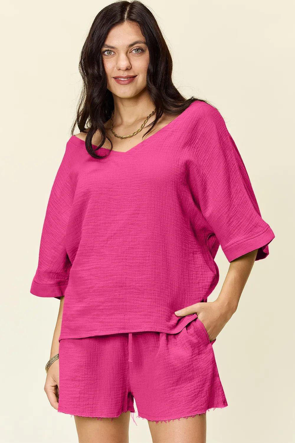 Double Take Texture Half Sleeve T-Shirt and Drawstring Shorts Set - Desert Sunday