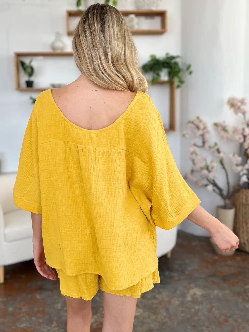 Double Take Texture Half Sleeve T-Shirt and Drawstring Shorts Set - Desert Sunday
