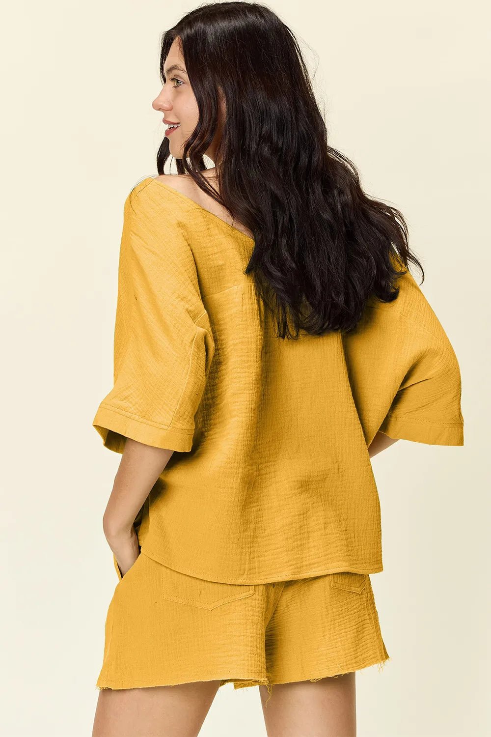 Double Take Texture Half Sleeve T-Shirt and Drawstring Shorts Set - Desert Sunday
