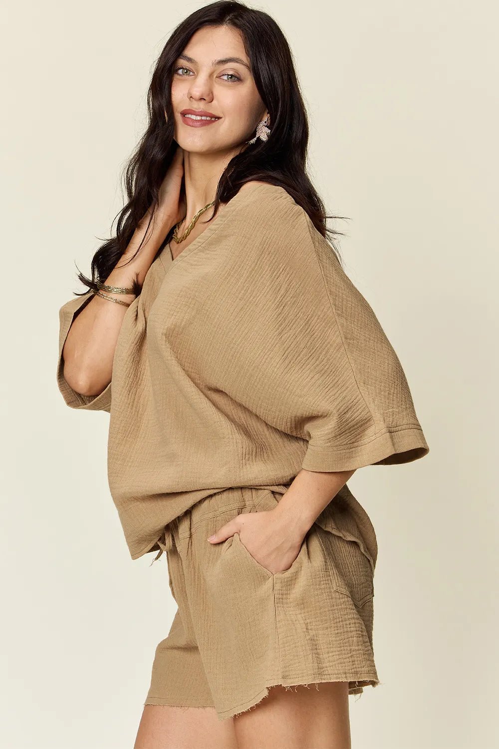 Double Take Texture Half Sleeve T-Shirt and Drawstring Shorts Set - Desert Sunday