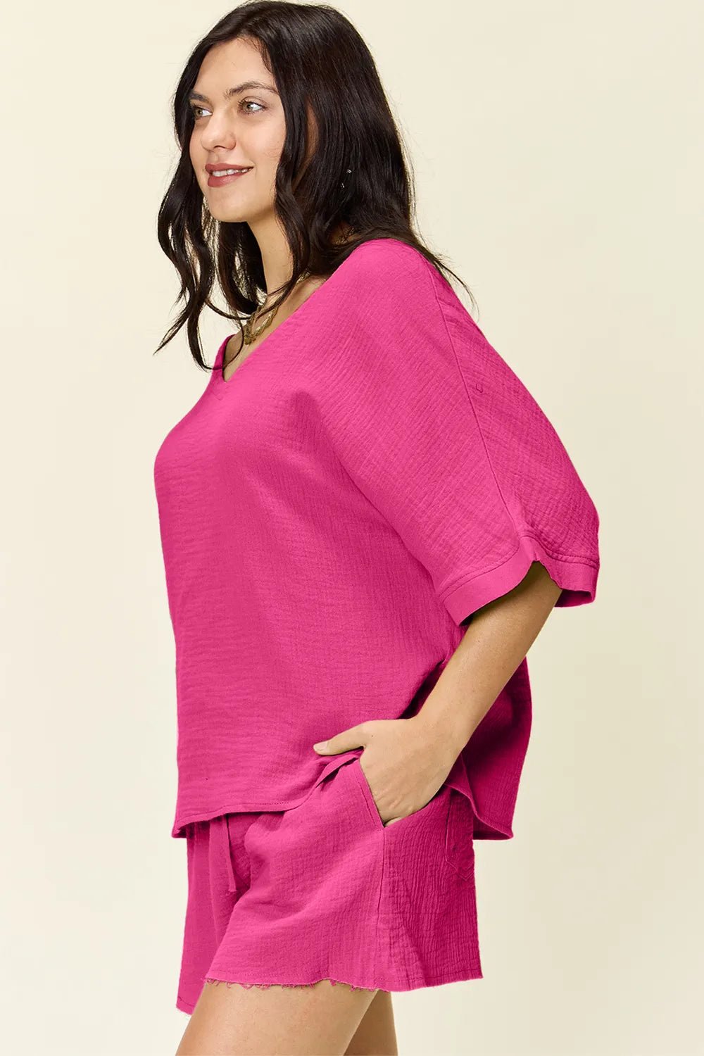 Double Take Texture Half Sleeve T-Shirt and Drawstring Shorts Set - Desert Sunday