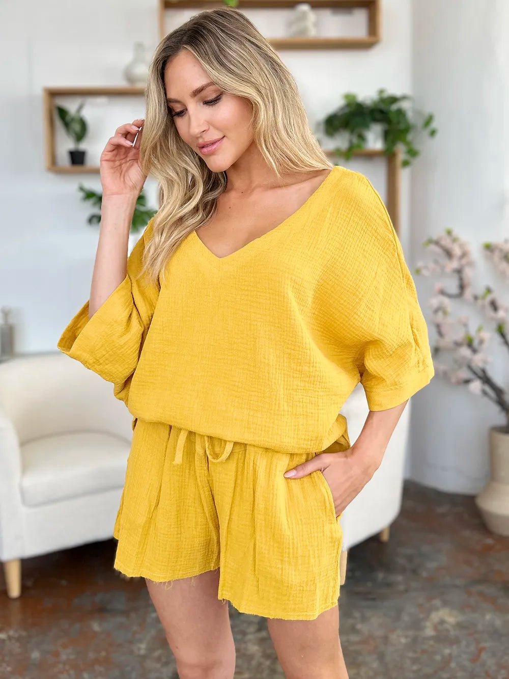 Double Take Texture Half Sleeve T-Shirt and Drawstring Shorts Set - Desert Sunday
