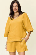 Double Take Texture Half Sleeve T-Shirt and Drawstring Shorts Set - Desert Sunday