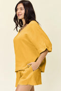 Double Take Texture Half Sleeve T-Shirt and Drawstring Shorts Set - Desert Sunday