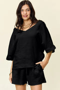 Double Take Texture Half Sleeve T-Shirt and Drawstring Shorts Set - Desert Sunday