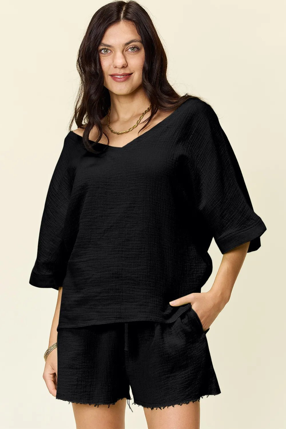 Double Take Texture Half Sleeve T-Shirt and Drawstring Shorts Set - Desert Sunday