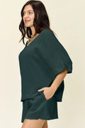 Double Take Texture Half Sleeve T-Shirt and Drawstring Shorts Set - Desert Sunday