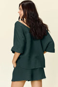 Double Take Texture Half Sleeve T-Shirt and Drawstring Shorts Set - Desert Sunday