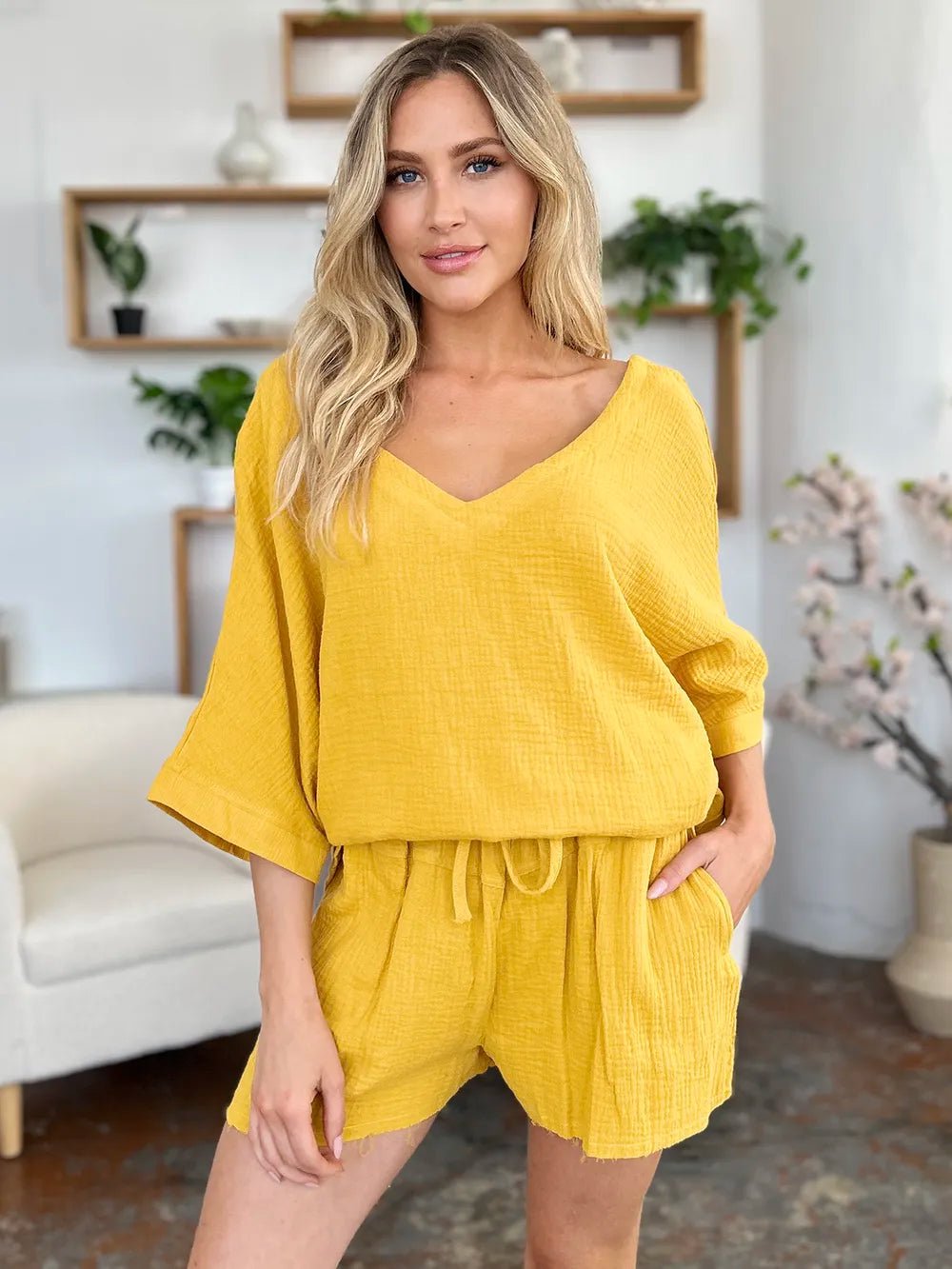 Double Take Texture Half Sleeve T-Shirt and Drawstring Shorts Set - Desert Sunday