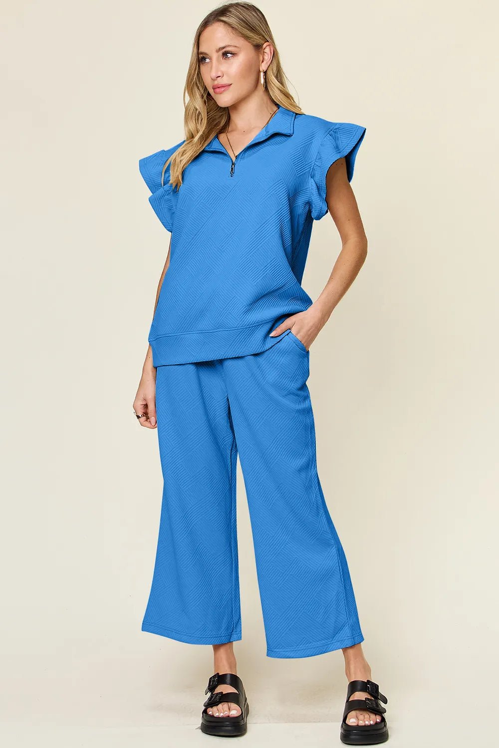 Double Take Texture Ruffle Short Sleeve Top and Drawstring Wide Leg Pants Set - Desert Sunday