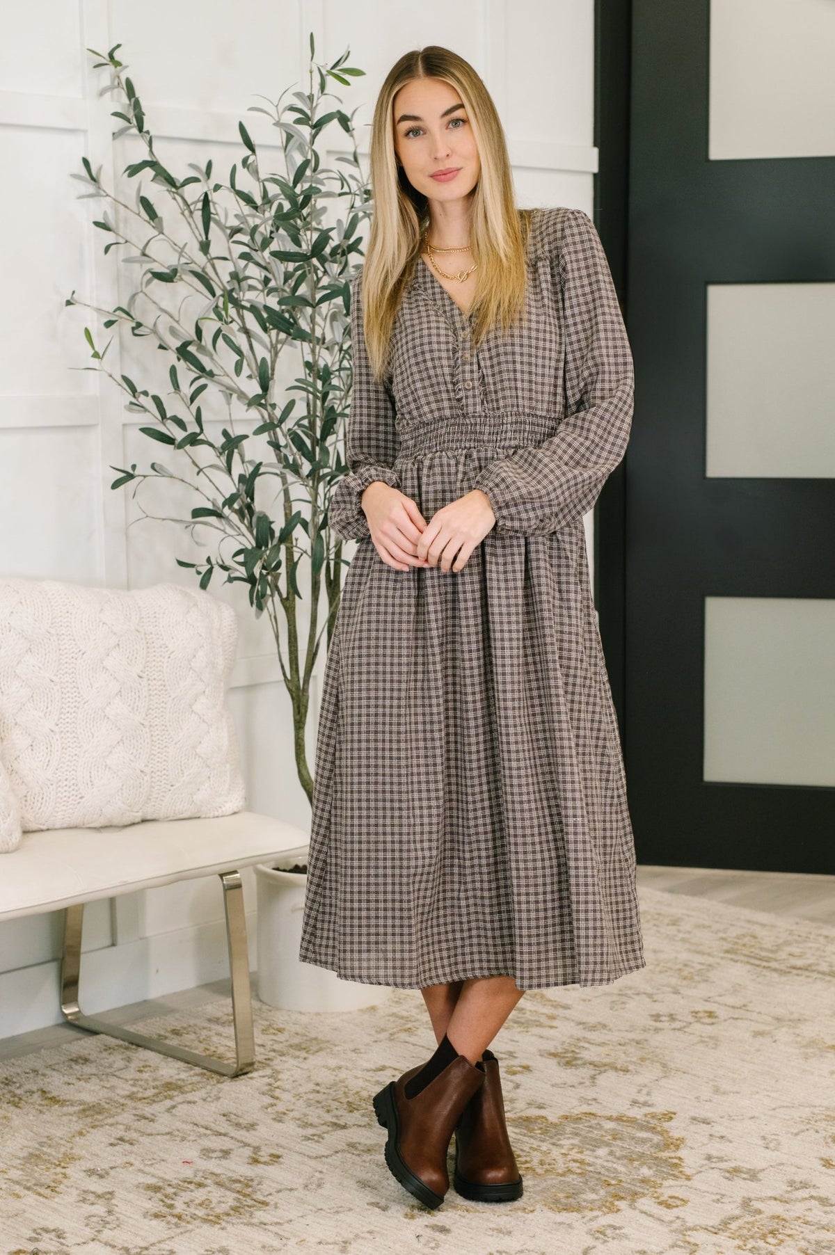 Fairytale Plot Plaid Midi Dress - Desert Sunday