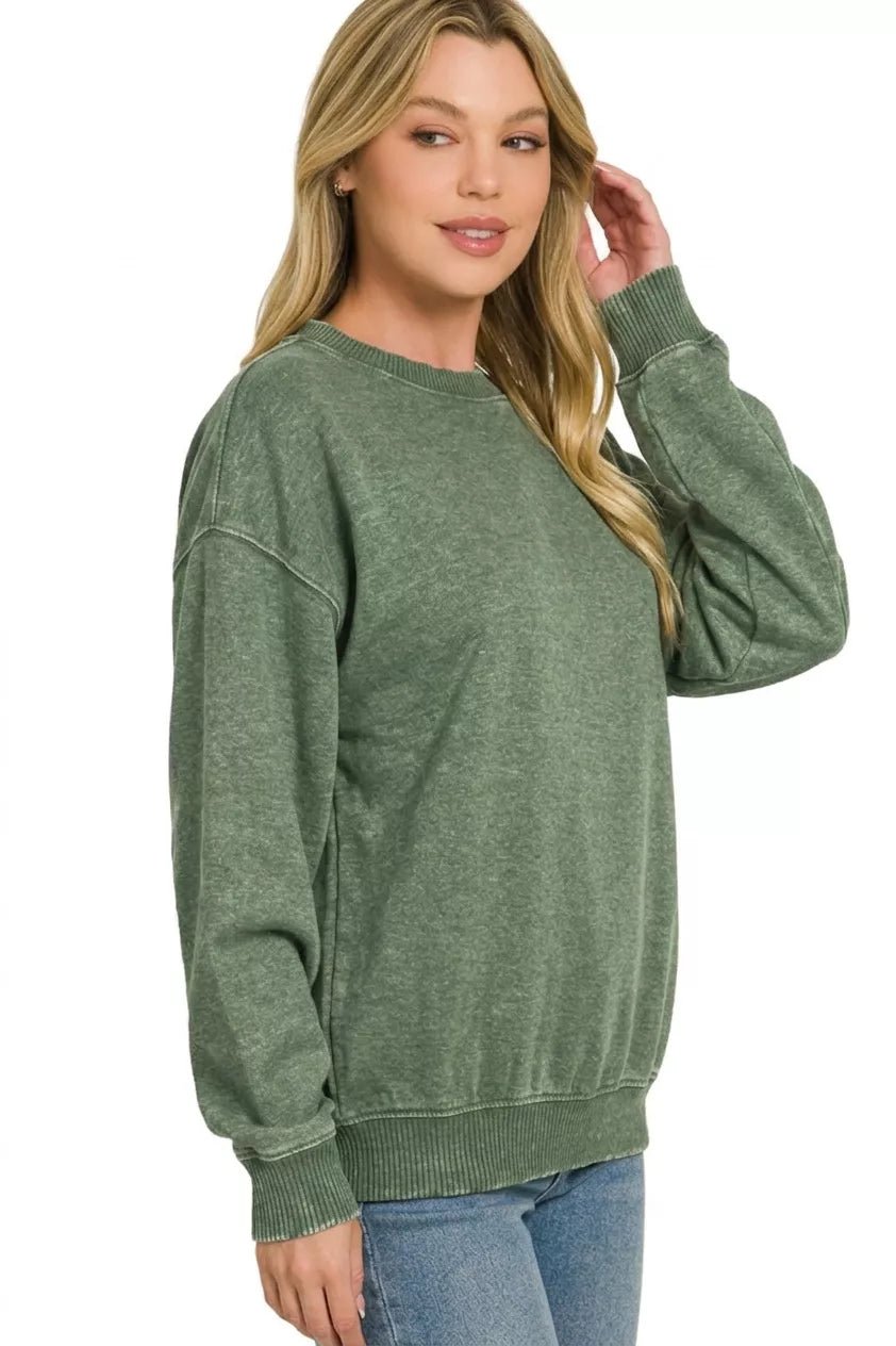 Fleece Acid Enzyme Washed Round Neck Sweatshirts - Desert Sunday