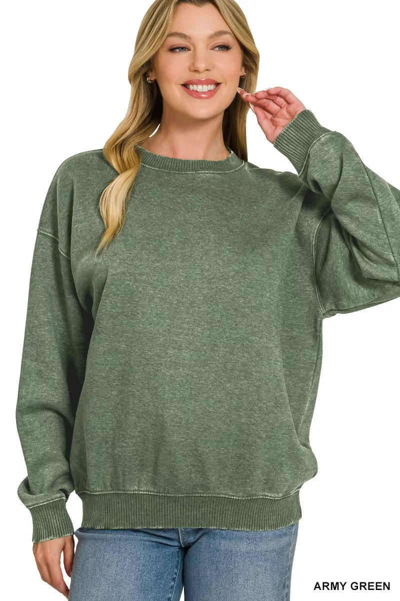 Fleece Acid Enzyme Washed Round Neck Sweatshirts - Desert Sunday