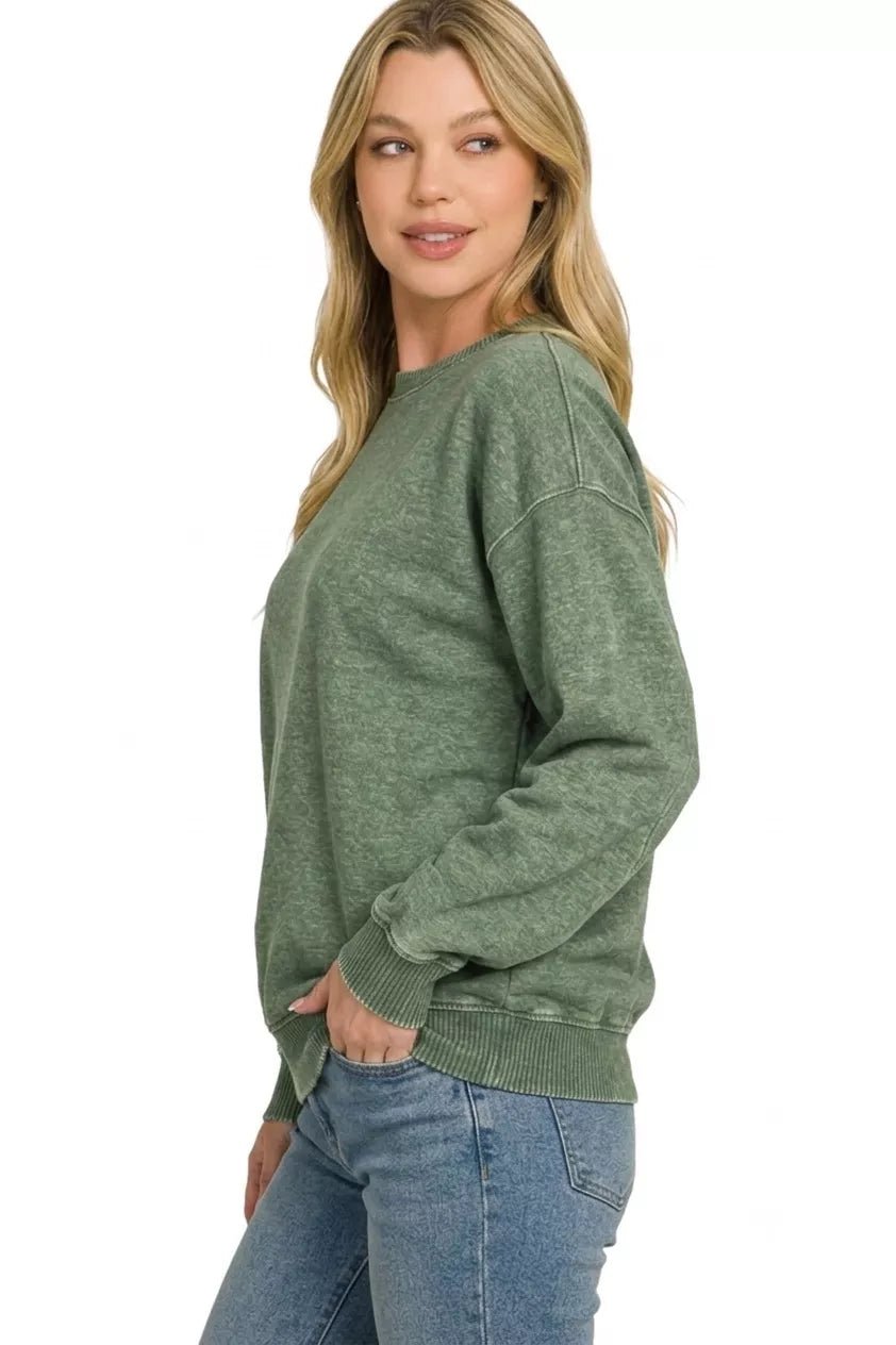 Fleece Acid Enzyme Washed Round Neck Sweatshirts - Desert Sunday