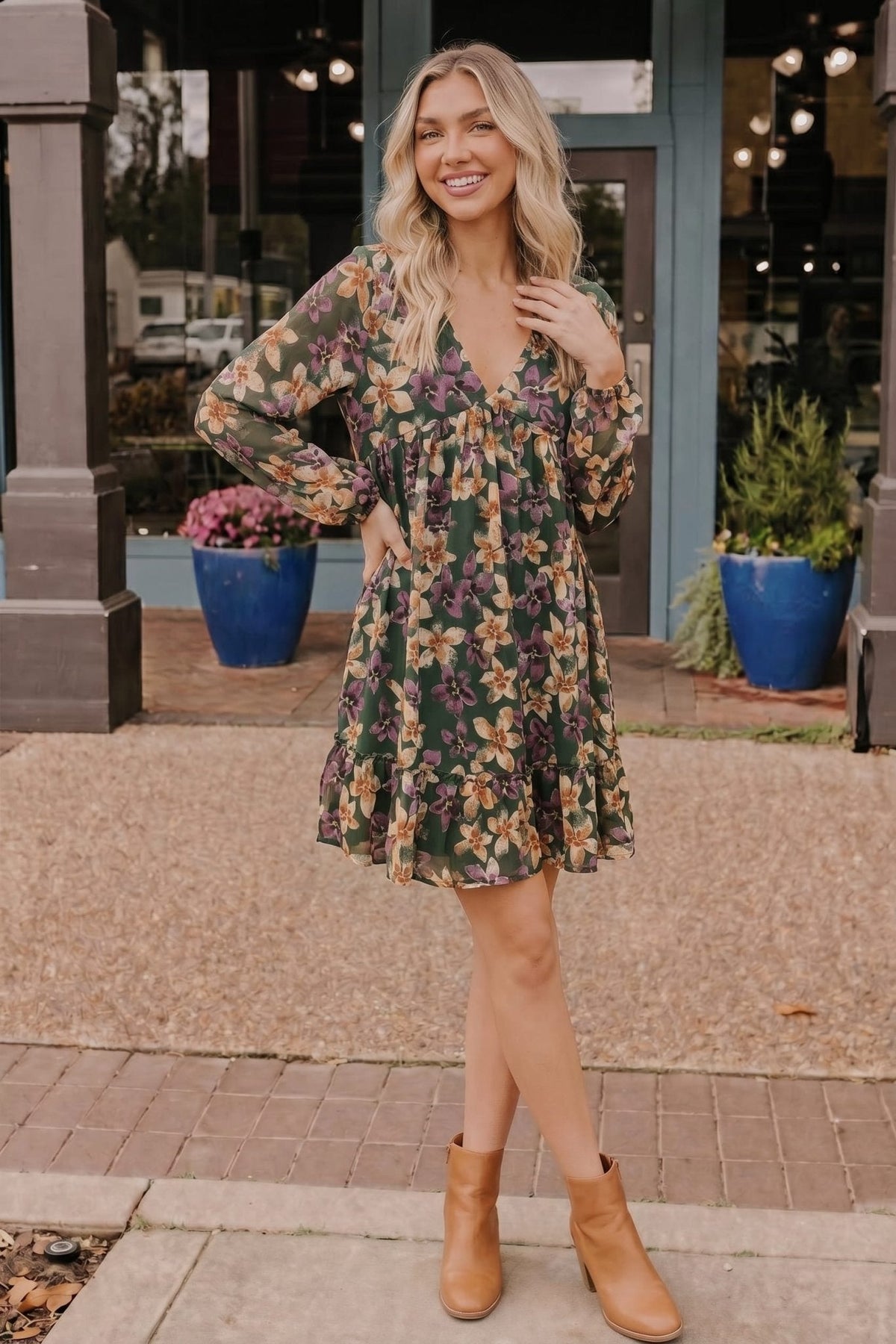 Forest Blooms Long Sleeve Mini Dress - Desert Sunday