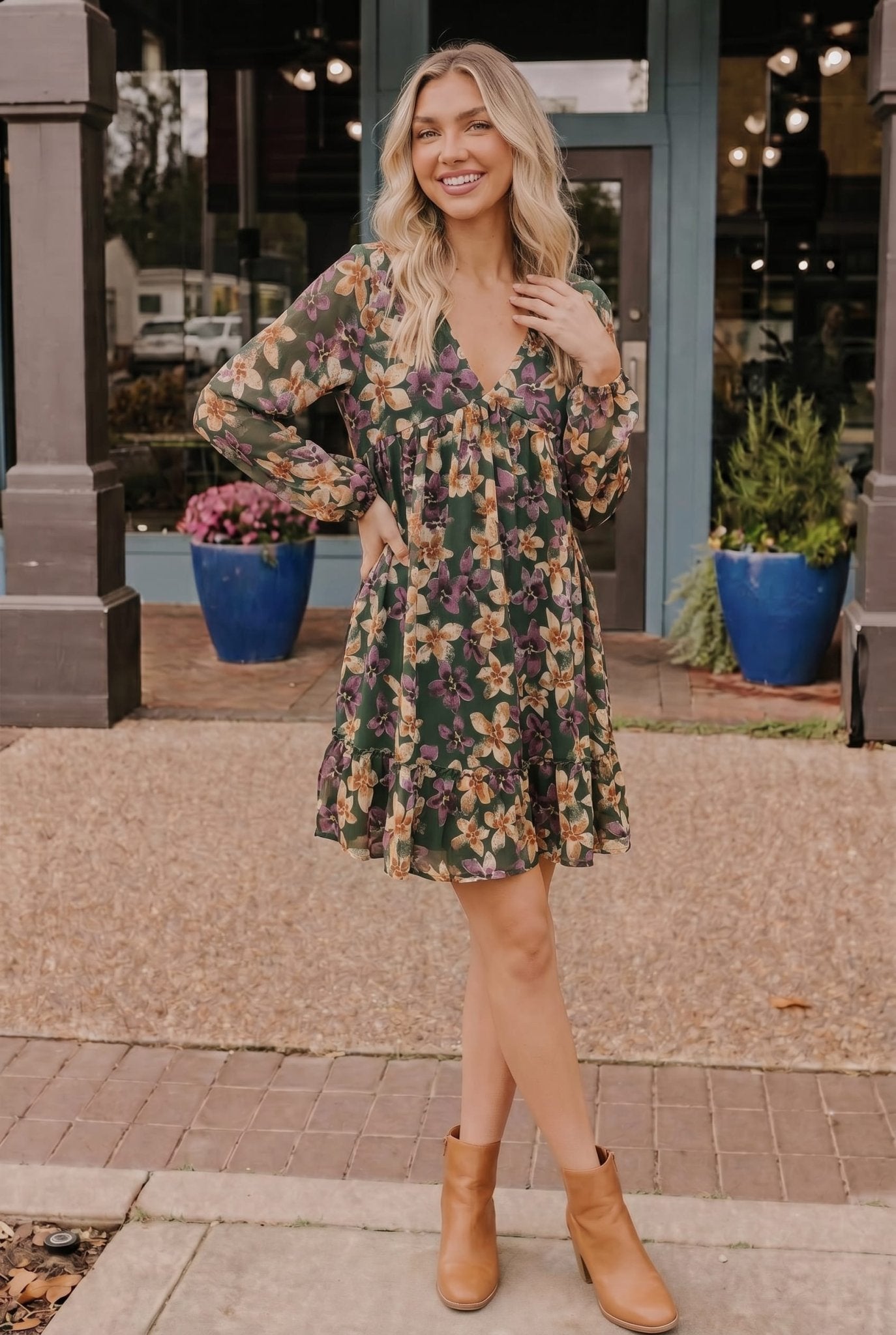 Forest Blooms Long Sleeve Mini Dress - Desert Sunday