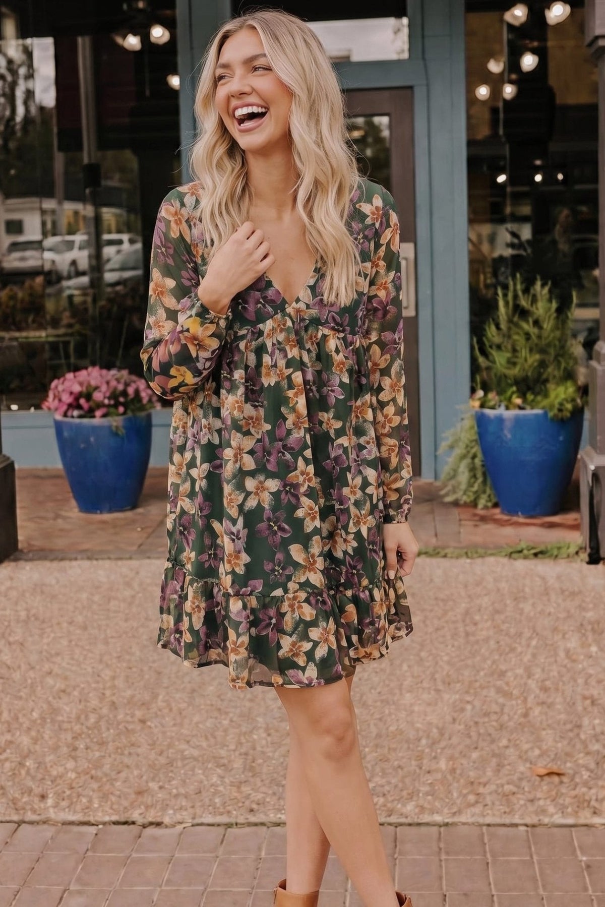 Forest Blooms Long Sleeve Mini Dress - Desert Sunday