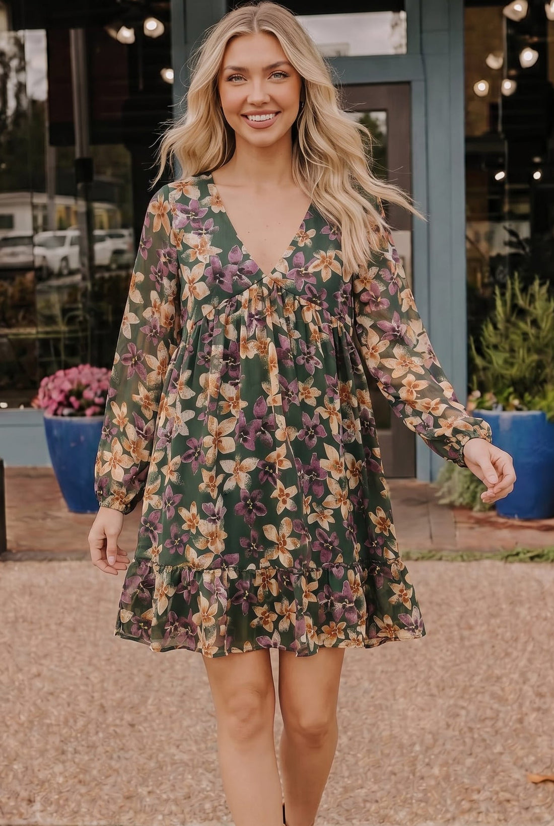 Forest Blooms Long Sleeve Mini Dress - Desert Sunday