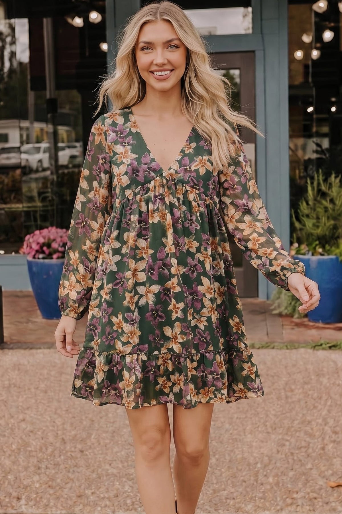 Forest Blooms Long Sleeve Mini Dress - Desert Sunday