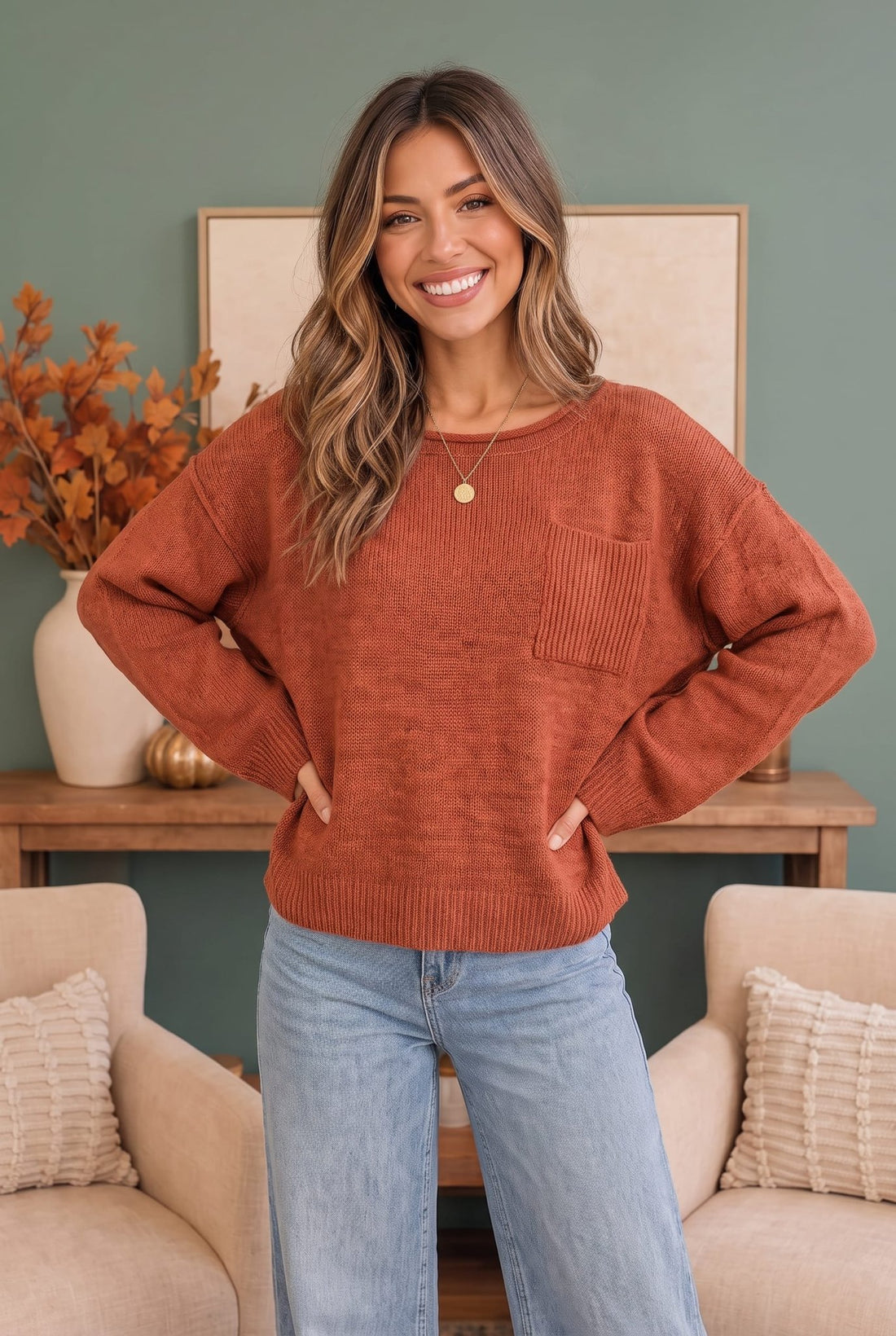 Freshen Up Cozy Rust Knit Sweater - Desert Sunday