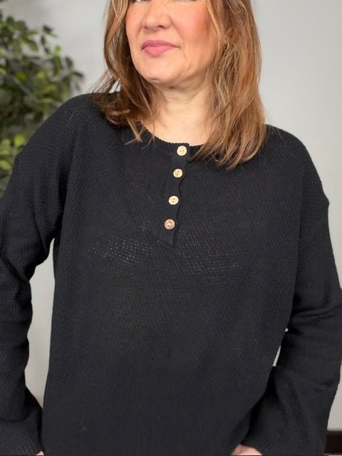 Get Organized Henley Knit Sweater in Black - Desert Sunday