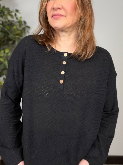 Get Organized Henley Knit Sweater in Black - Desert Sunday