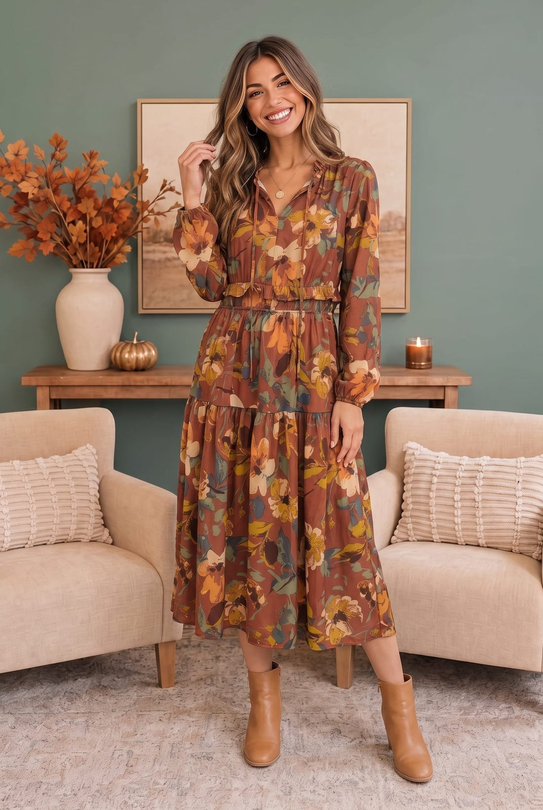 Harvest Bloom Tiered Midi Dress - Desert Sunday