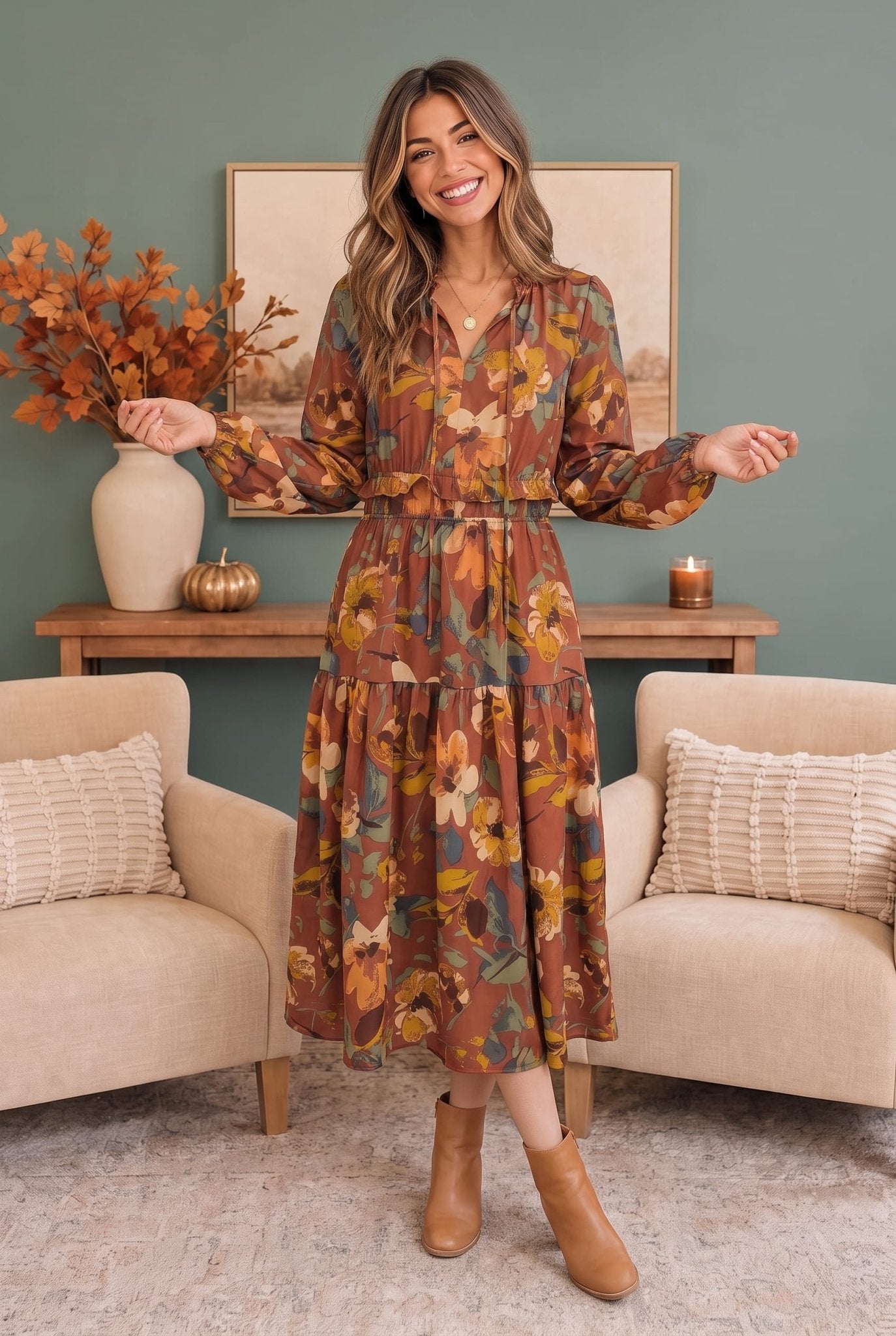 Harvest Bloom Tiered Midi Dress - Desert Sunday