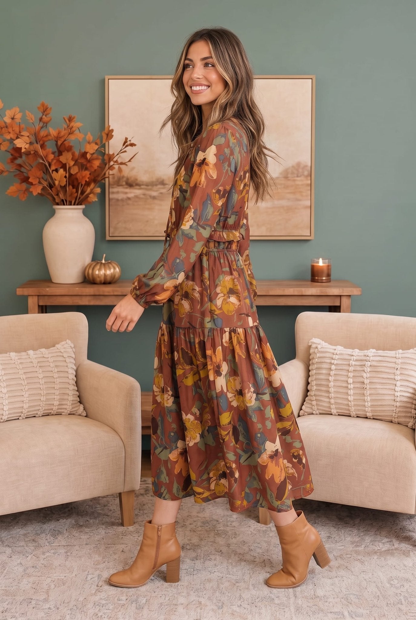 Harvest Bloom Tiered Midi Dress - Desert Sunday