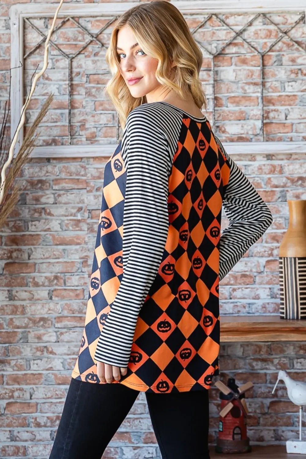 Heimish Full Size Checkered Contrast Striped Long Sleeve T-Shirt - Desert Sunday