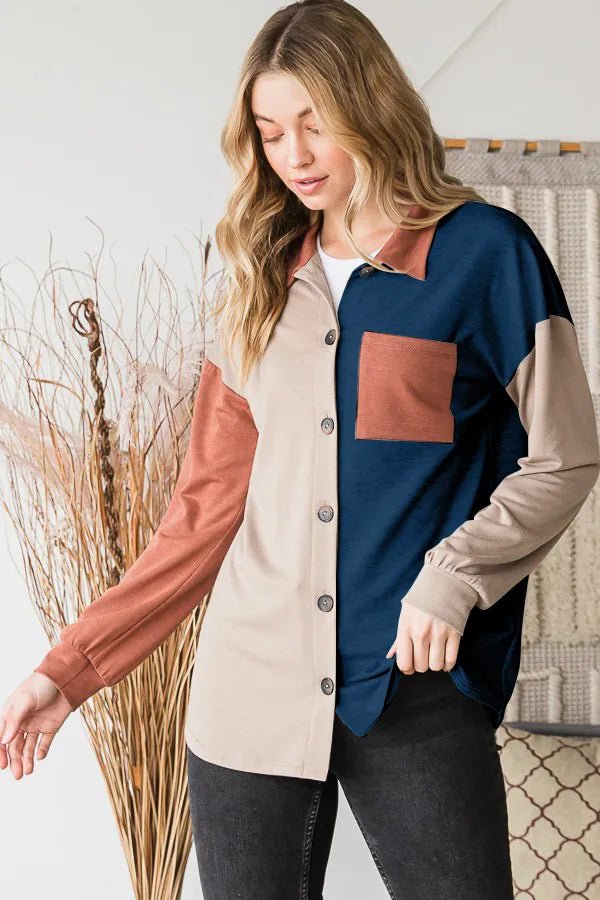 Heimish Full Size Color Block Button Down Shirt - Desert Sunday