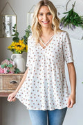 Heimish Full Size Crisscross Ditsy Floral Babydoll Top Plus Size - Desert Sunday