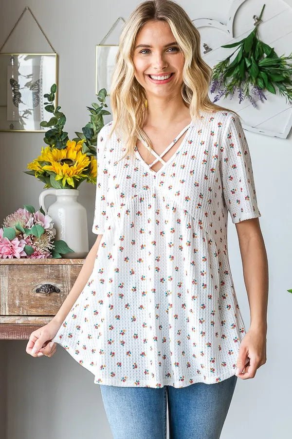 Heimish Full Size Crisscross Ditsy Floral Babydoll Top Plus Size - Desert Sunday